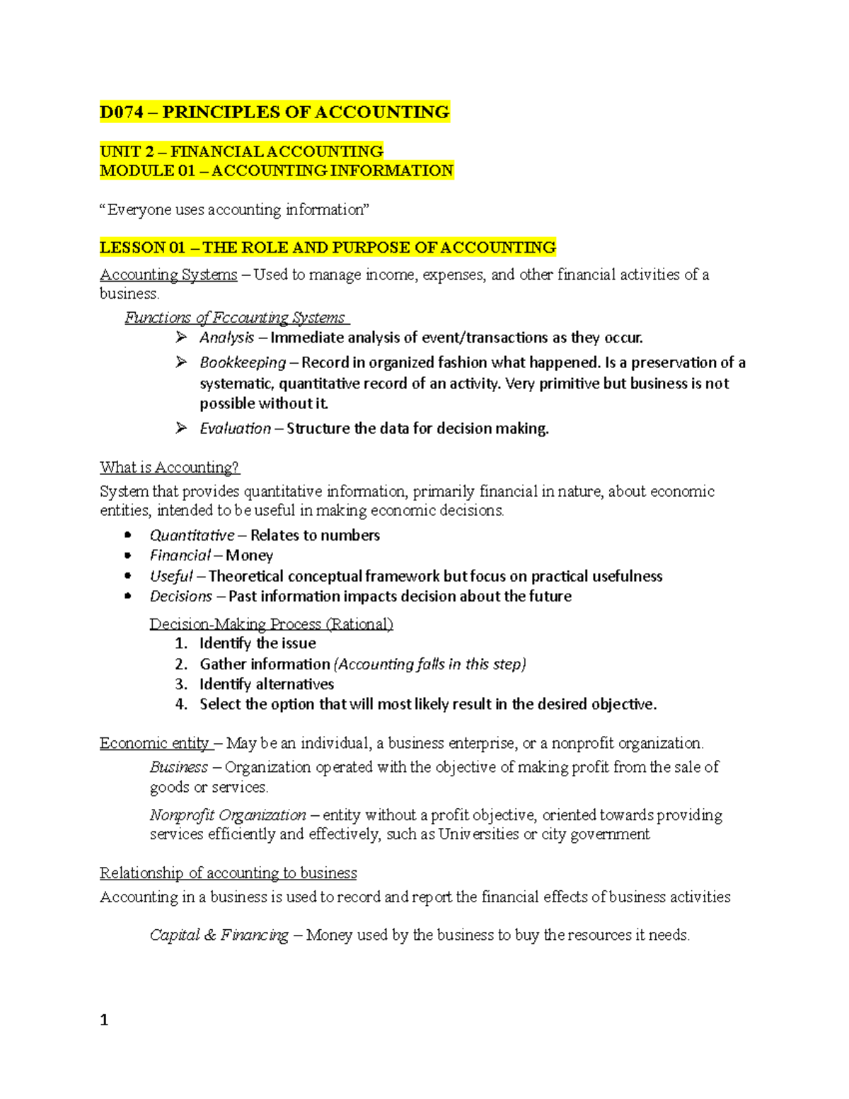 WGU-D074 - Final Exam Study Guide: Principles of Accounting - Studocu