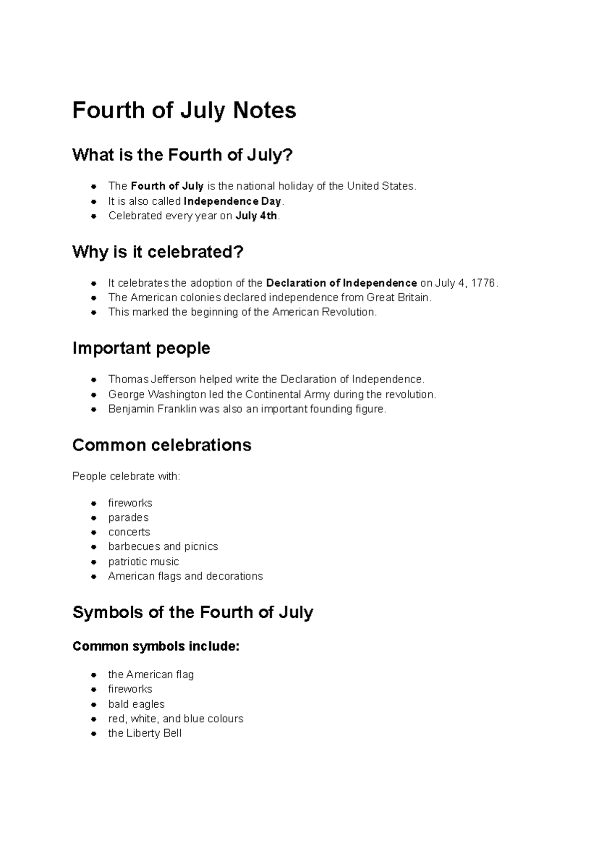 Fourth of July Notes: Celebrating Independence Day in the USA - Studocu