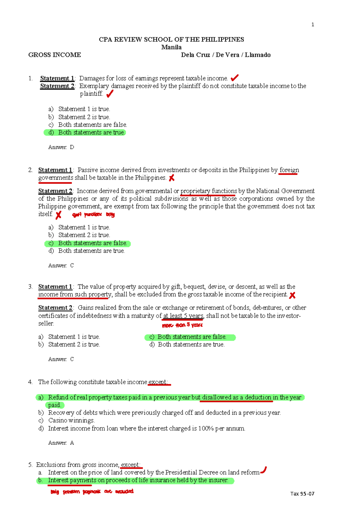 95-07 Gross Income - Practice Questions and Answers for CPA Review ...