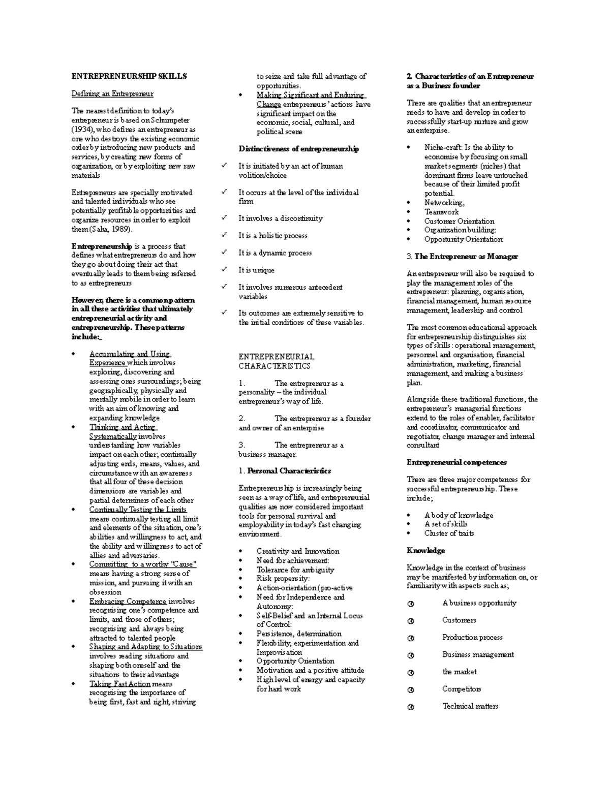 ENT 101: Summary of Key Concepts in Entrepreneurship Skills - Studocu
