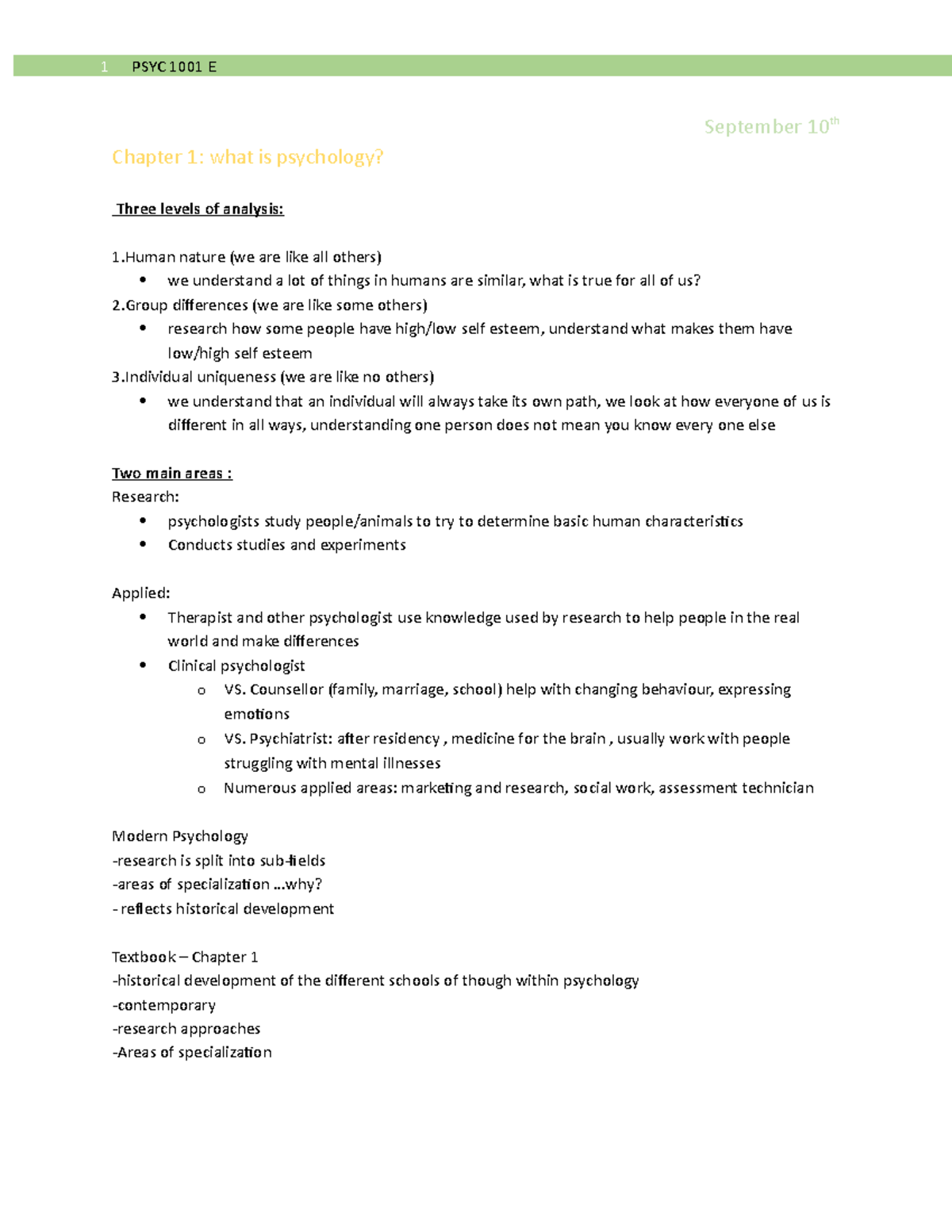 PSYC 1001 E: Chapter 1 - Introduction to Psychology and Its Frameworks ...