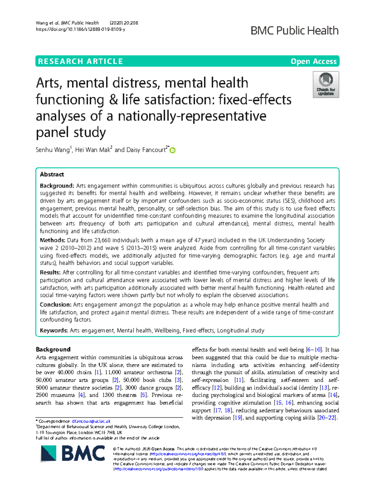 Arts Engagement and Mental Health: Insights from UKHLS Data Analysis ...