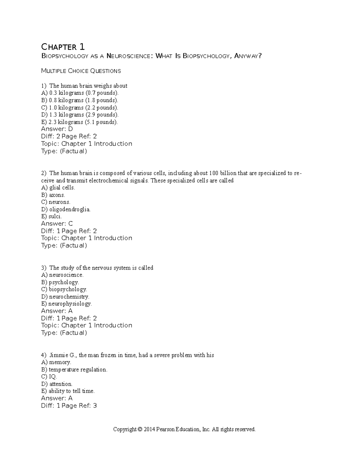 Test Bank for Biopsychology 9e: Chapter 1 Multiple Choice Questions - Document Preview