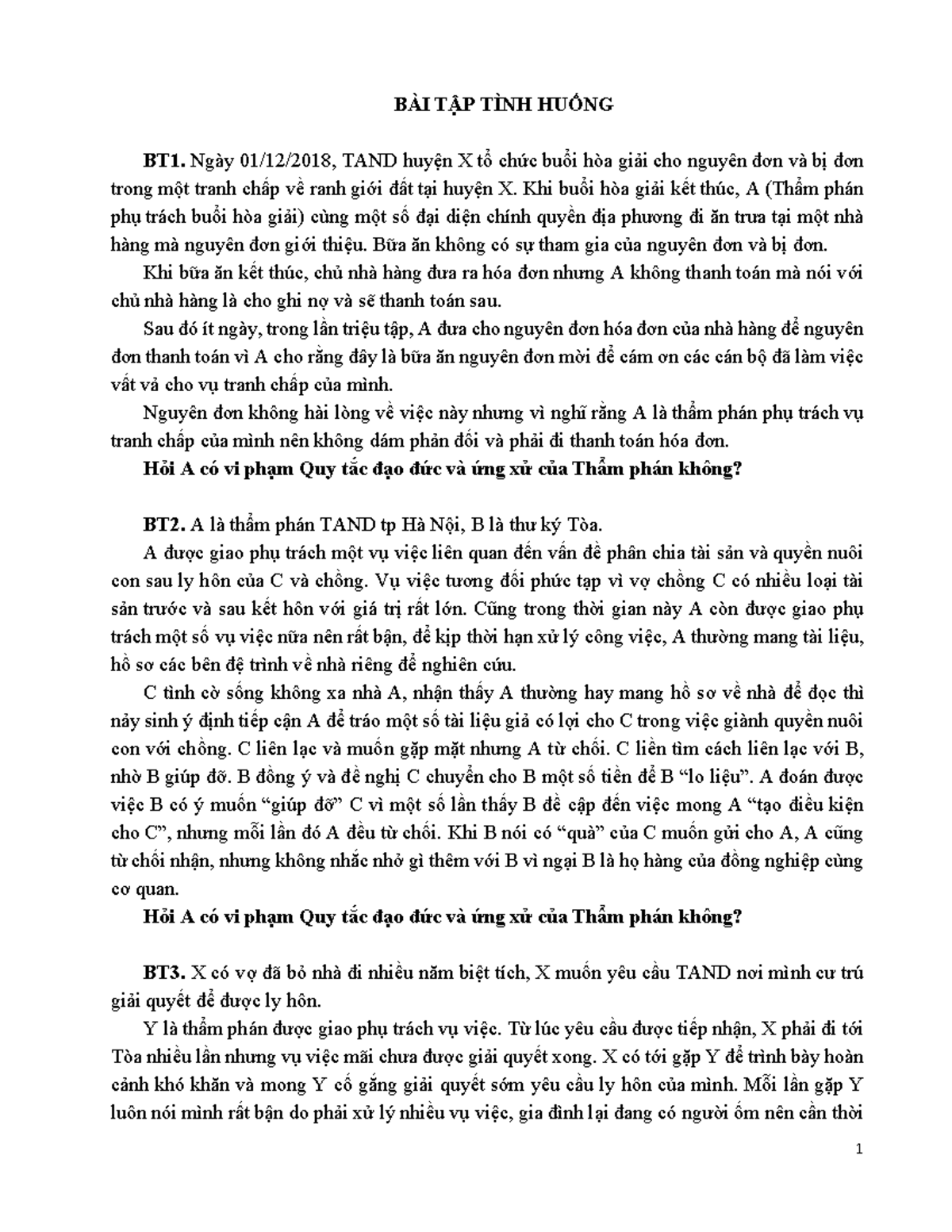 BÀI TẬP TÌNH HUỐNG BT1-3: Đạo đức và Ứng xử của Thẩm phán - Document Preview