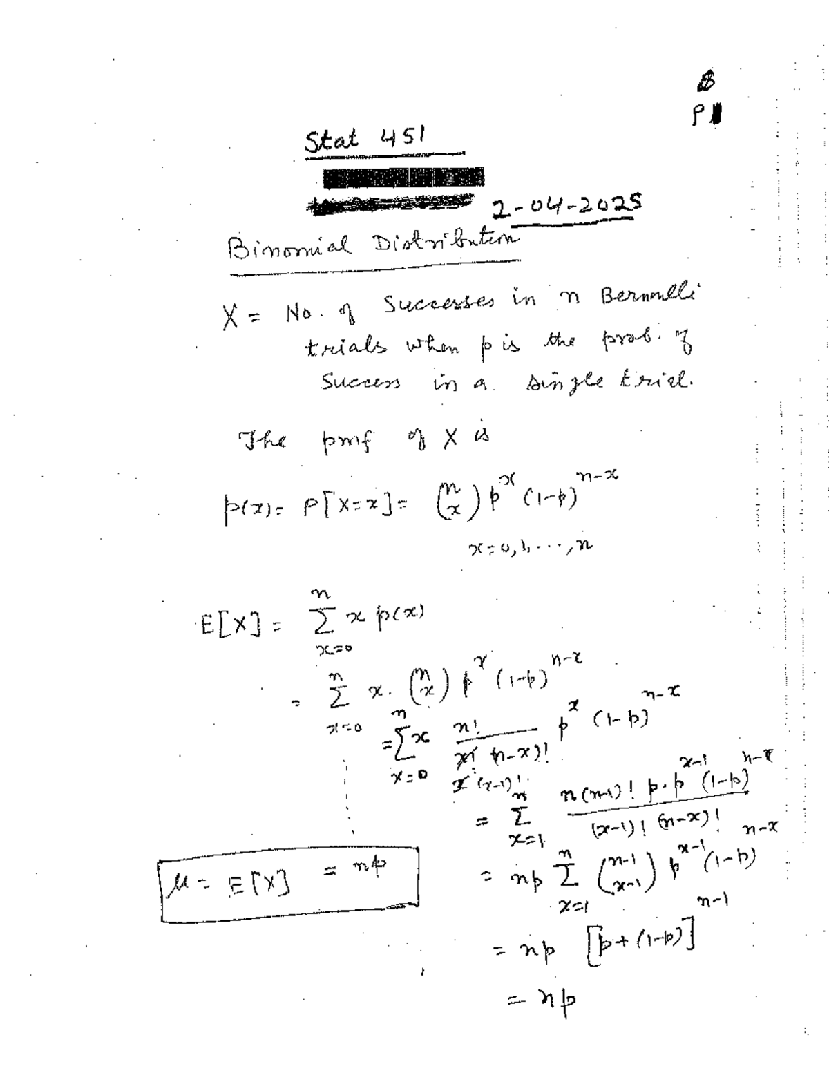 Final Exam Study Notes for Course P Stat 451 on Binomial Distribution ...