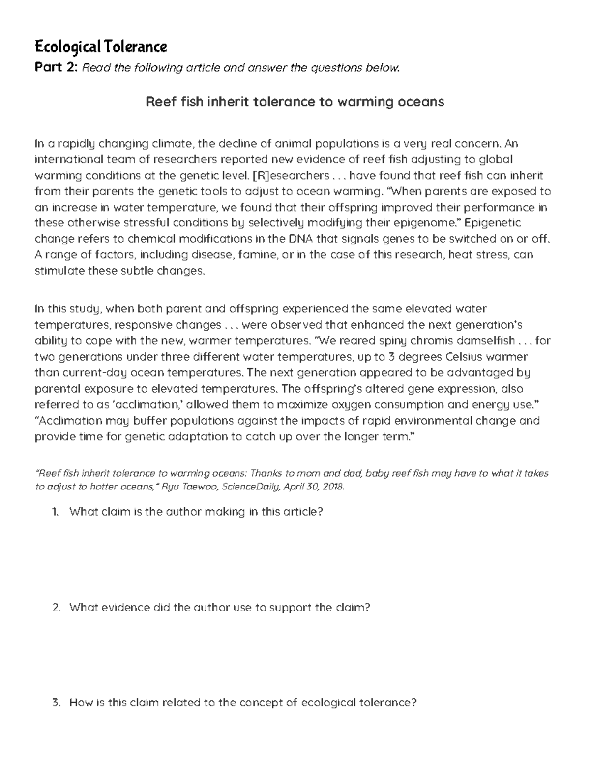 Ecological Tolerance Part 2: Reef Fish Adaptation to Warming Oceans ...