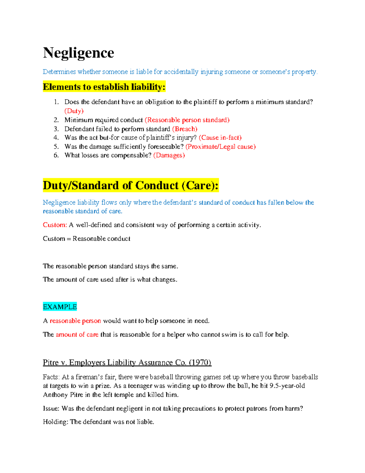 Torts Law (LAW 101) Final Exam Outline: Key Concepts & Cases - Studocu