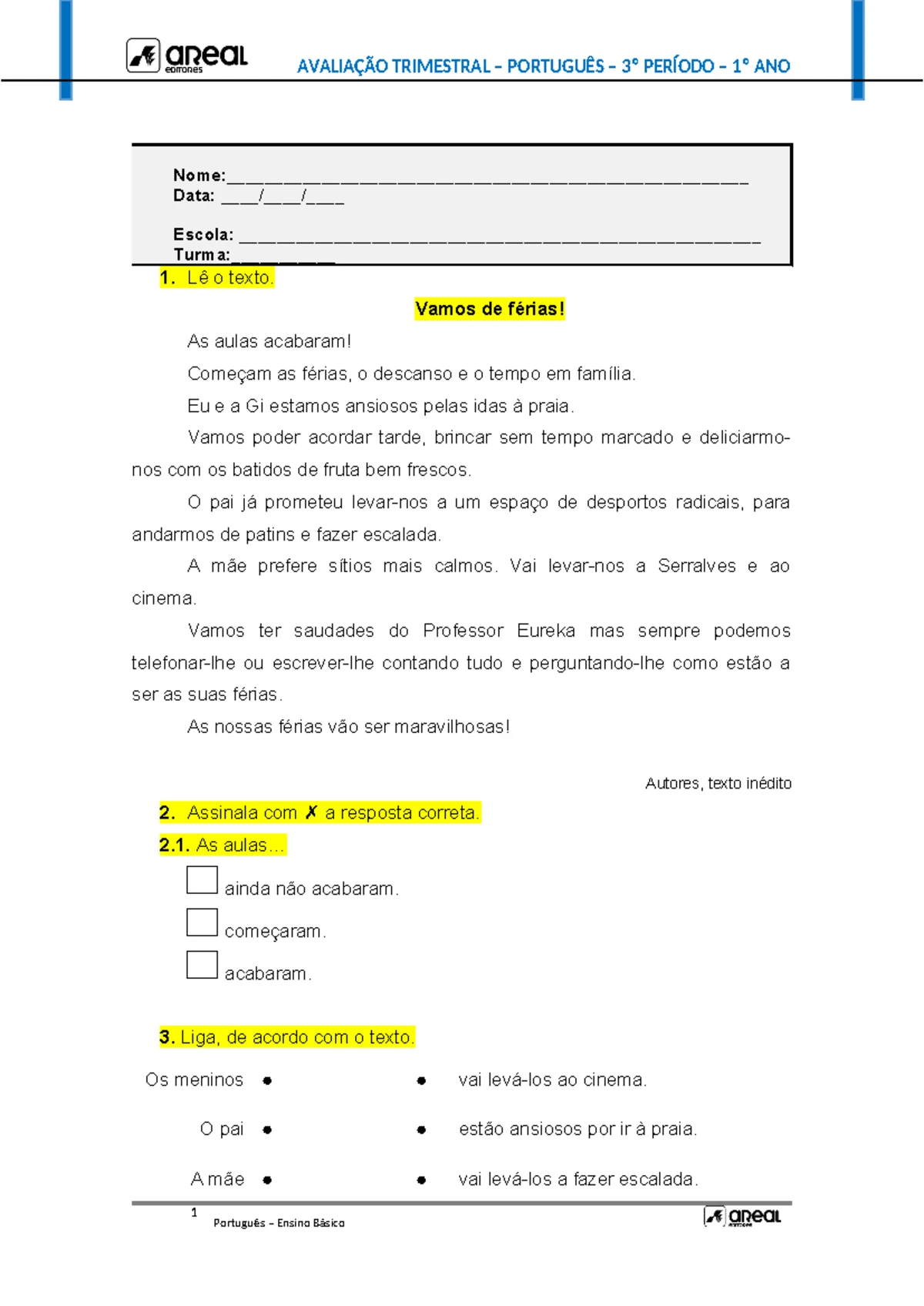 Avaliação Trimestral 3 - Português 1 - Soluções 2023 - Studocu