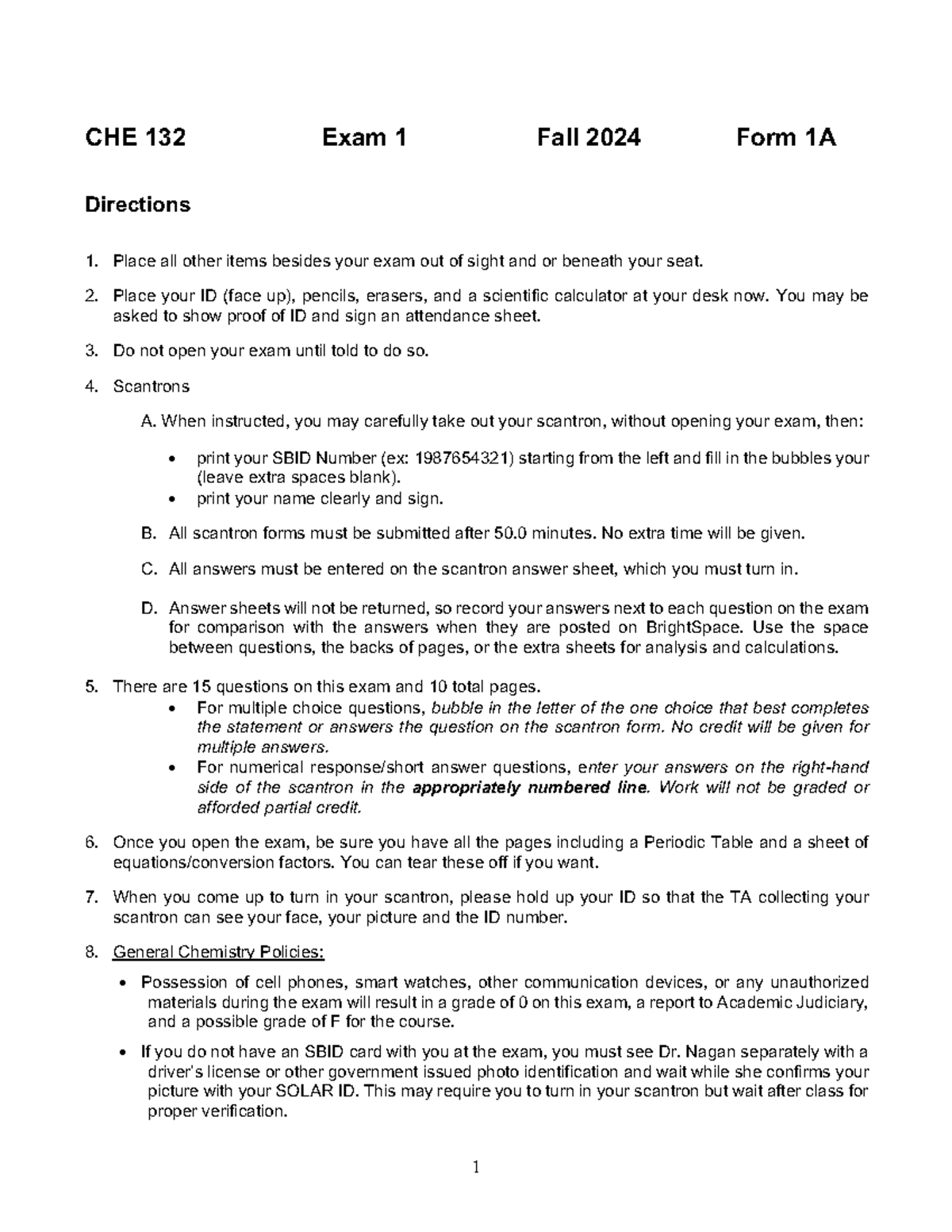CHE 132 Exam 1 Fall 2024 Form 1A Instructions and Guidelines - Studocu