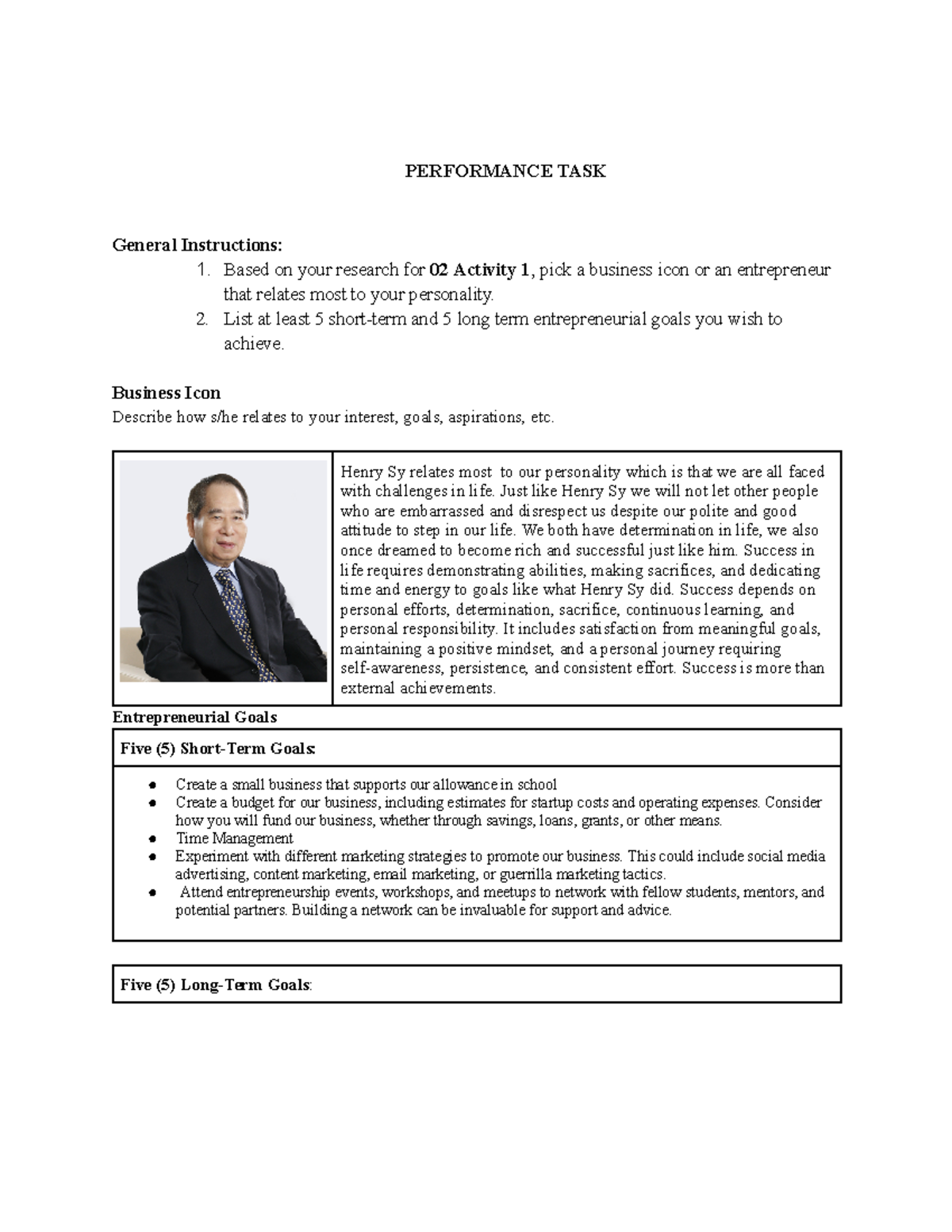 02 Performance Task 1: Entrepreneurial Goals & Insights on Henry Sy ...