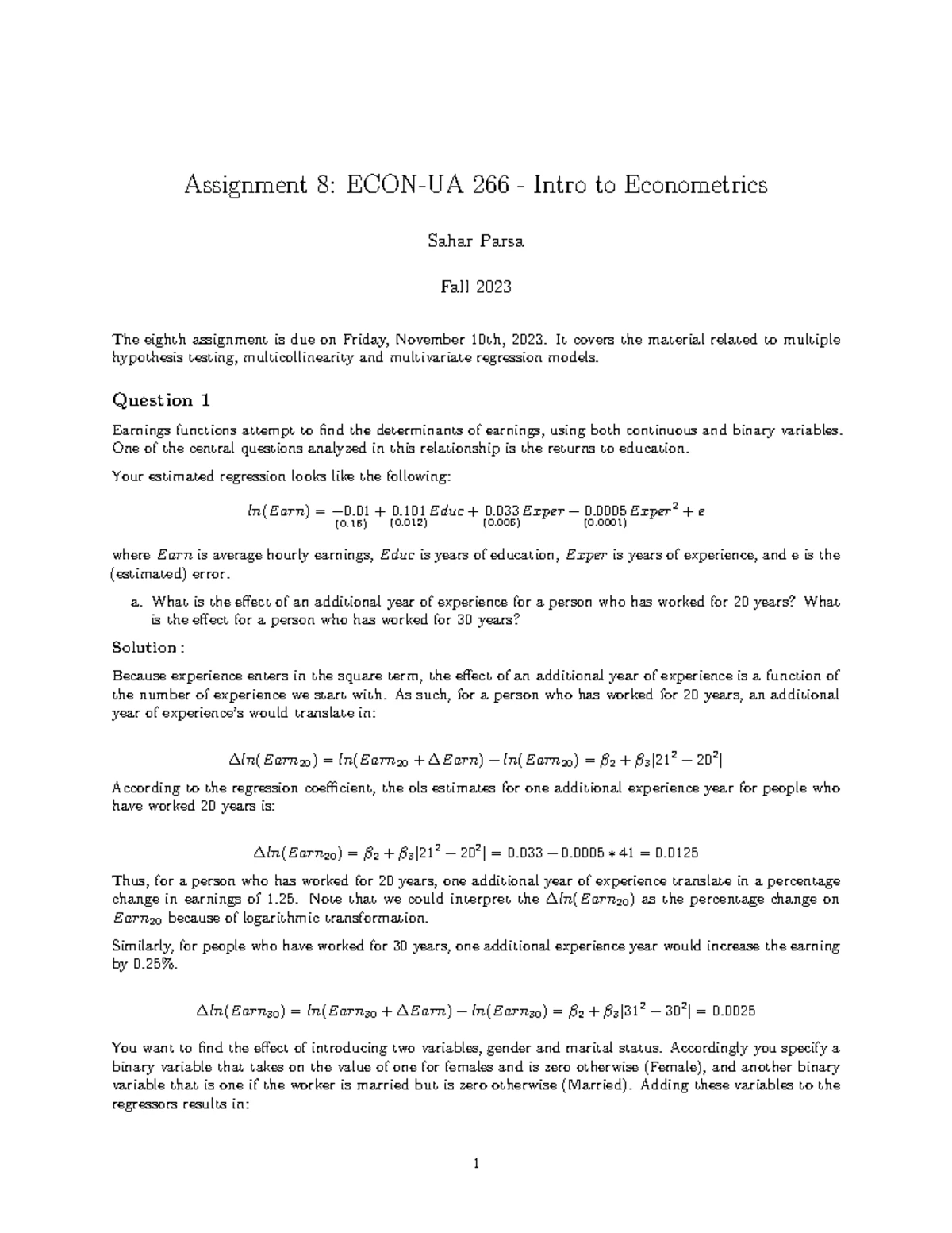 Assignment 4 - ECON-UA 266: Intro to Econometrics Overview - Studocu