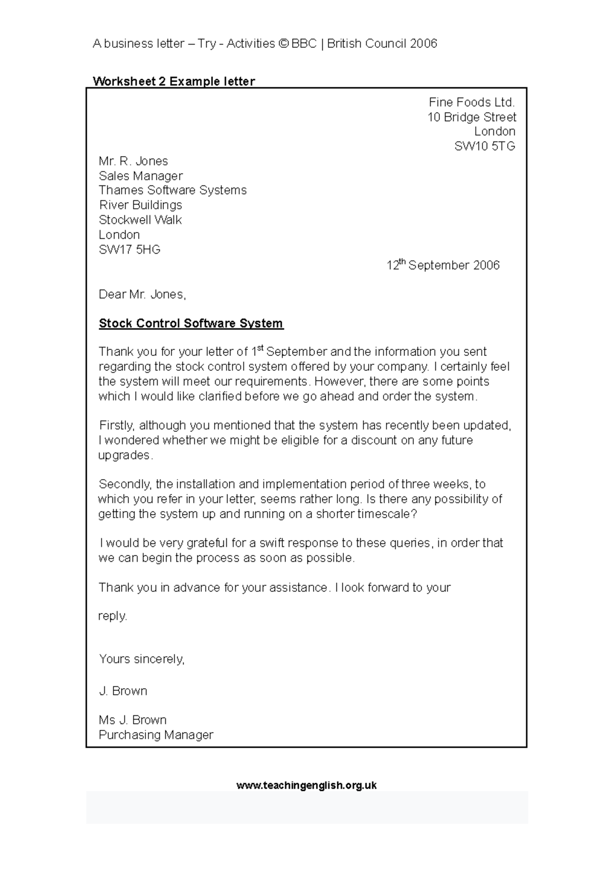 Business Letter Example: Stock Control & Training Course Inquiry - Studocu