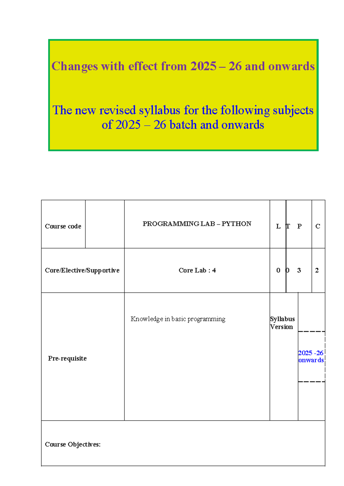 BSc Computer Science 2025-26 Revised Syllabus: Programming Lab ...