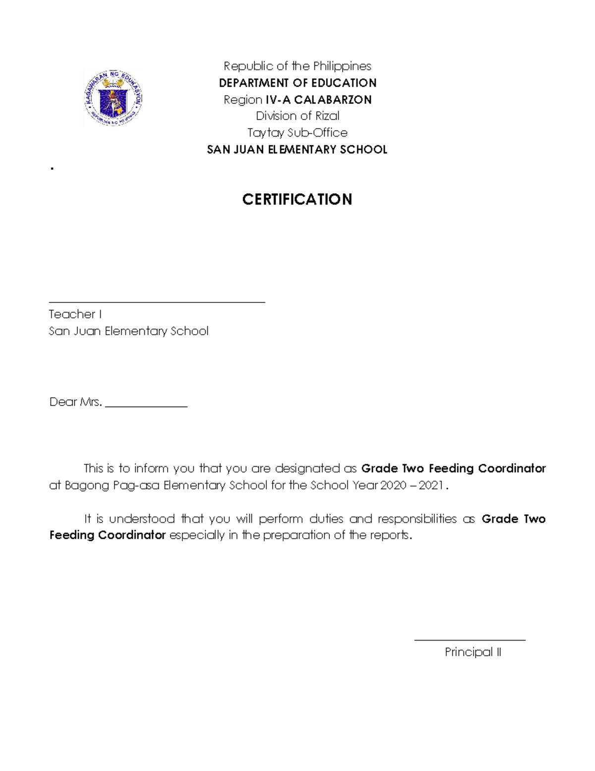 Sample Coordinator Appointment Form - Republic of the Philippines ...