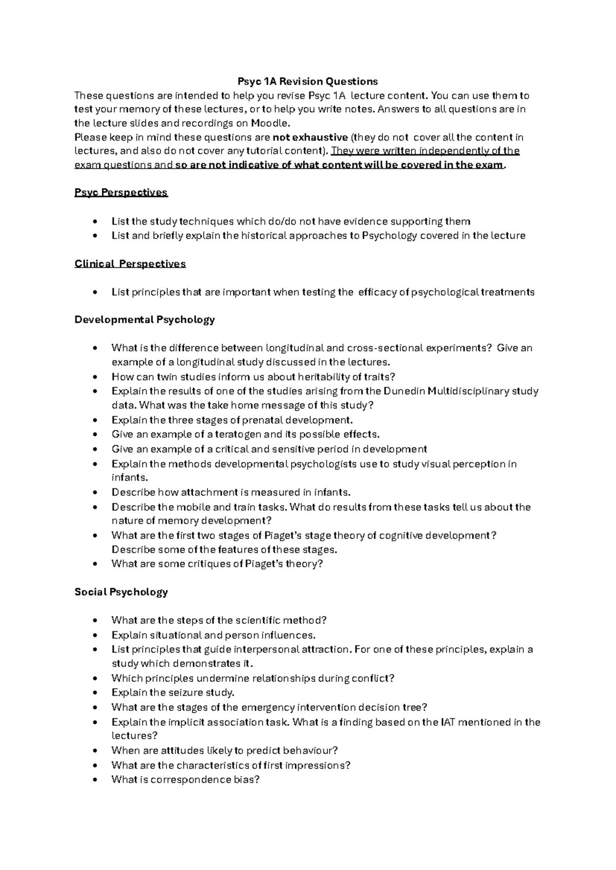 Psyc 1A Final Exam Revision Questions and Key Concepts - Studocu