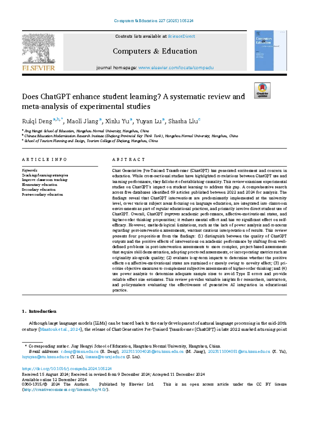 Does ChatGPT Enhance Student Learning? A Systematic Review (EDU 227 ...