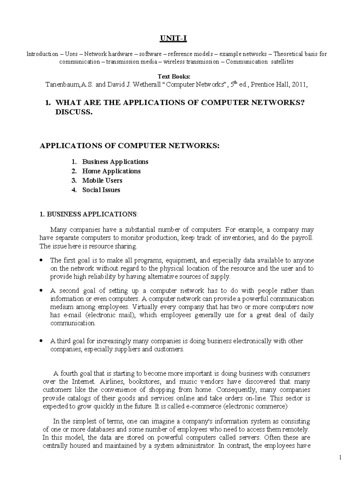 Unit 1 - Computer Networks: Applications, Hardware & Communication ...