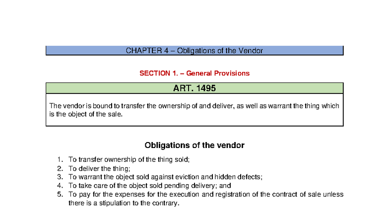 CHAPTER 4: Obligations and Rights of the Vendor (CIVIL CODE) - Studocu