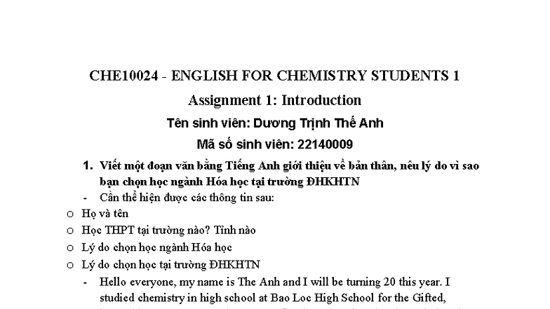 CHE10024 - Assignment 1: Introduction to Chemistry Studies - Studocu