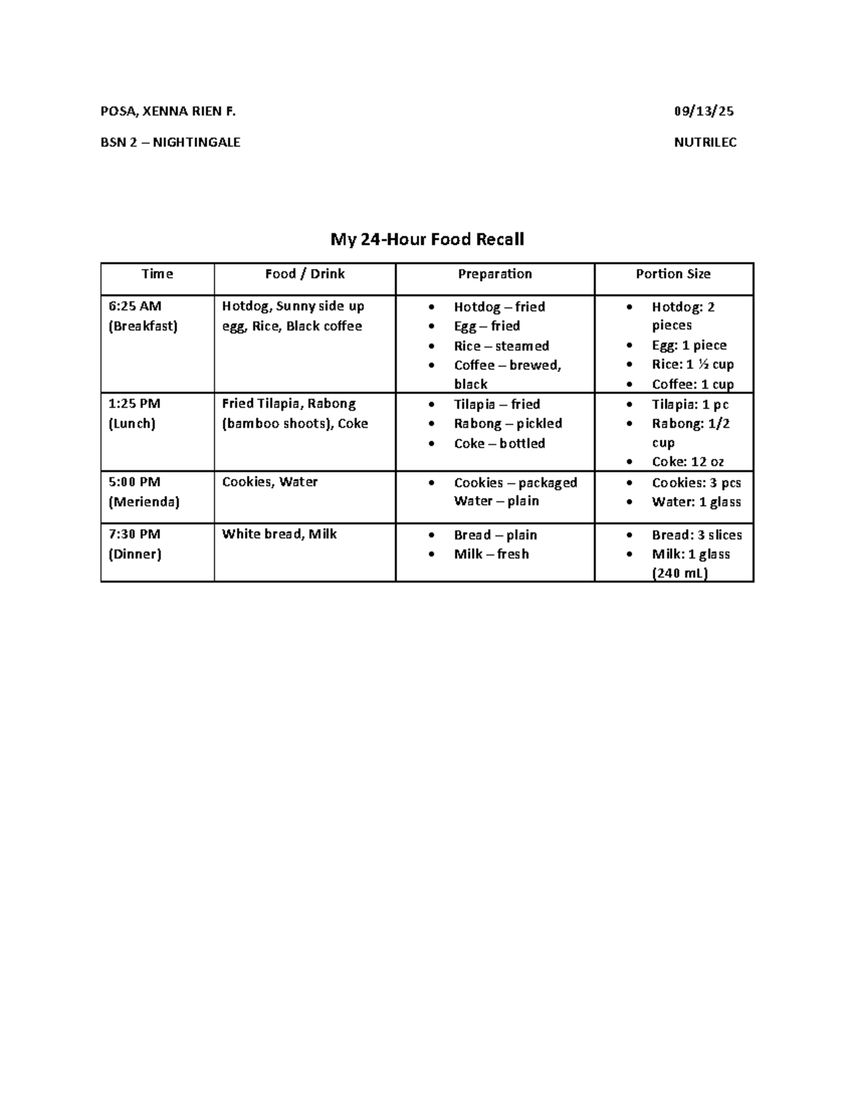 POSA BSN 2 Nutrilec: My Food Recall Log and Preparation Guide - Studocu