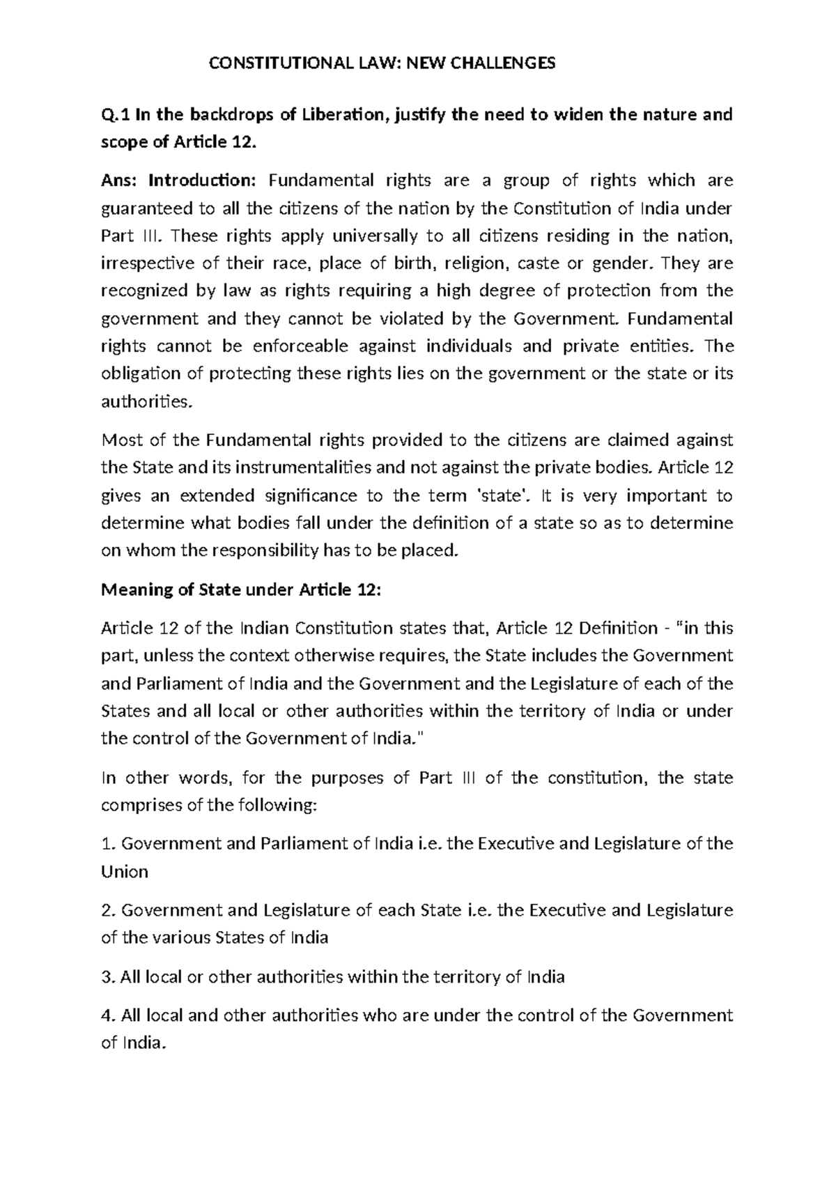 LLM SEM 1: Constitutional Law - Article 12 and Fundamental Rights ...