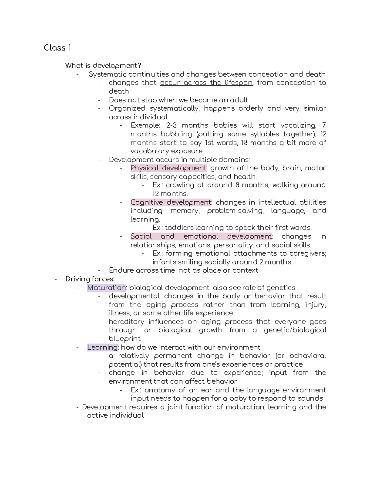 PSYB20 Week 1: Development Across the Lifespan - Class 1 & 2 Summaries ...