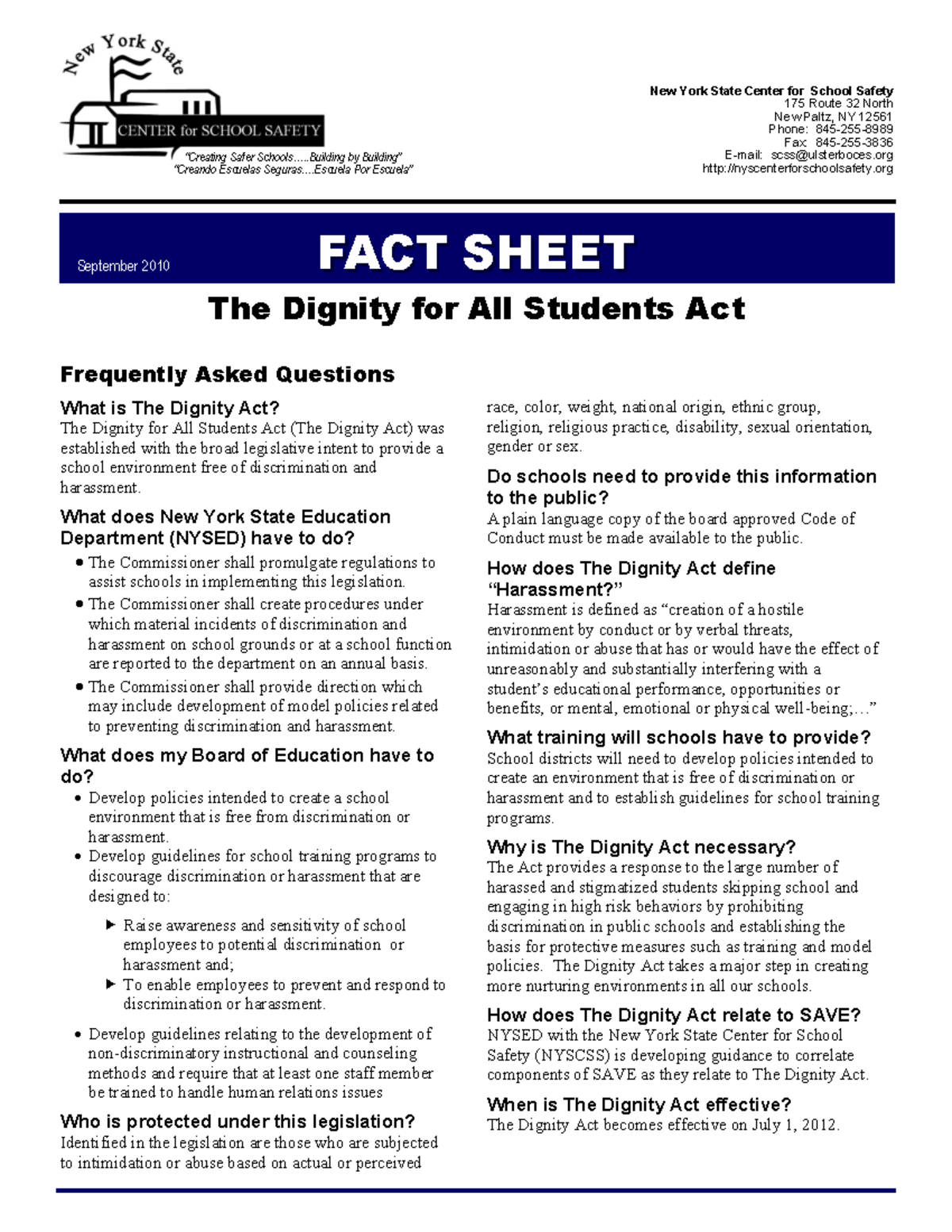 DASA Fact Sheet - dasa - New York State Center for School Safety 175 ...