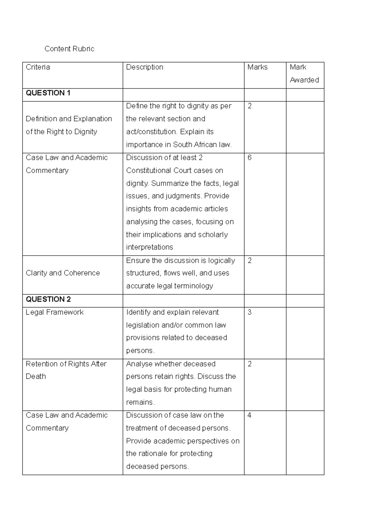 Content Rubric Criteria for Legal Studies 2025 - Studocu
