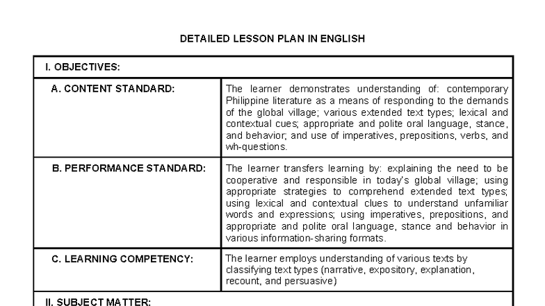 Detailed Lesson Plan: Classifying Text Types in English I - Studocu
