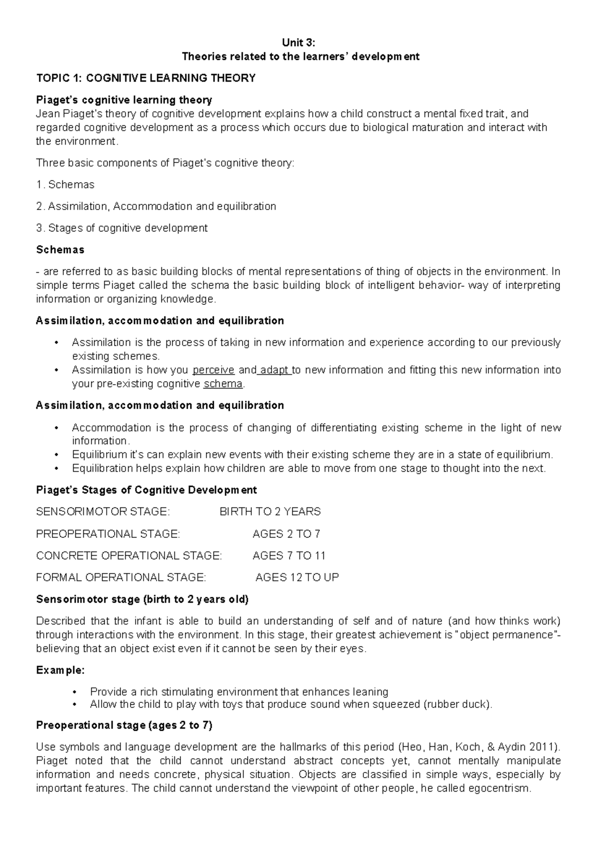 Unit 3 - Cognitive Development Theories Summary BSED - Studocu