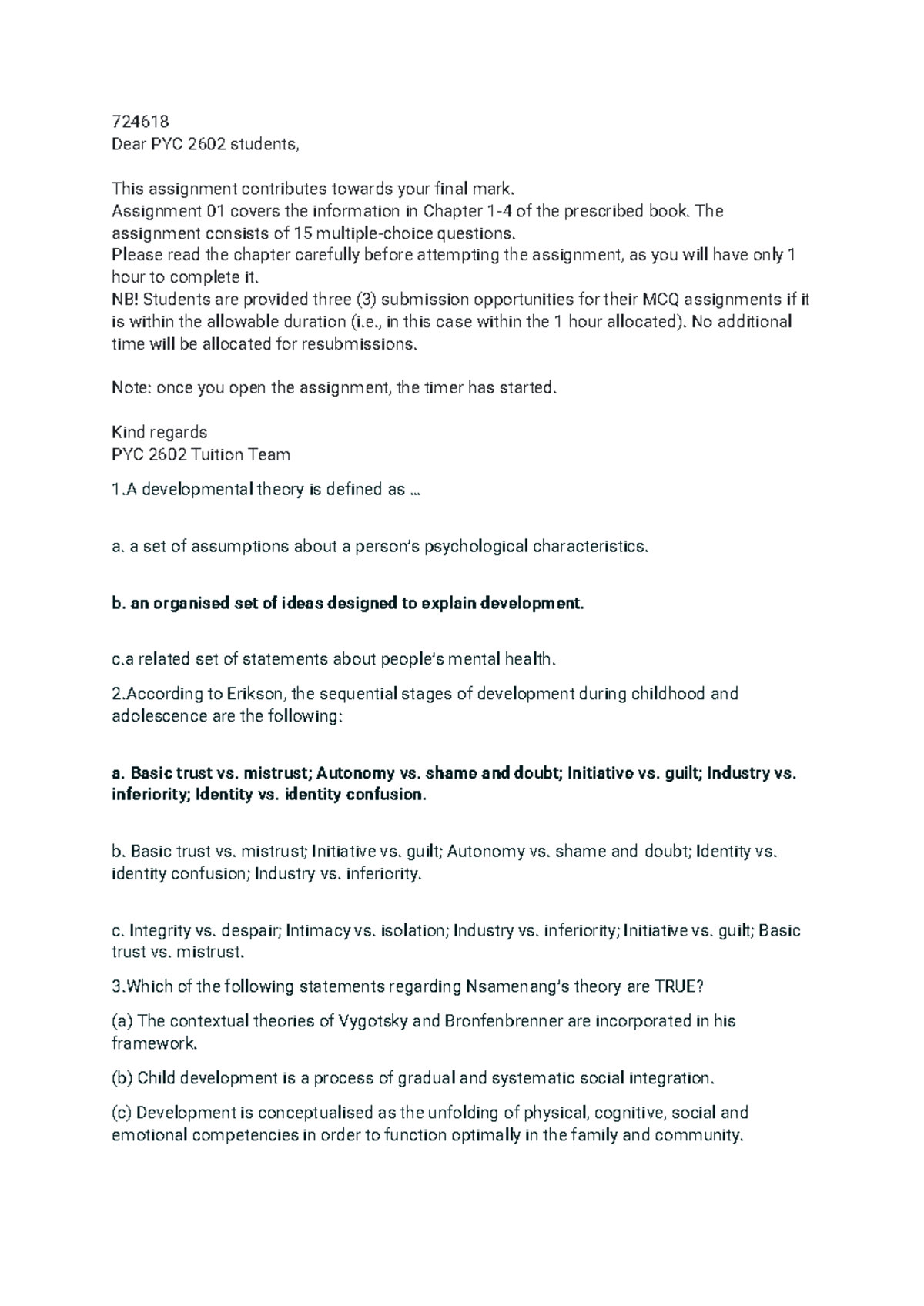 724618 PYC 2602 Assignment 1 MCQs (Ch 1-4) 2023 S2 - Studocu