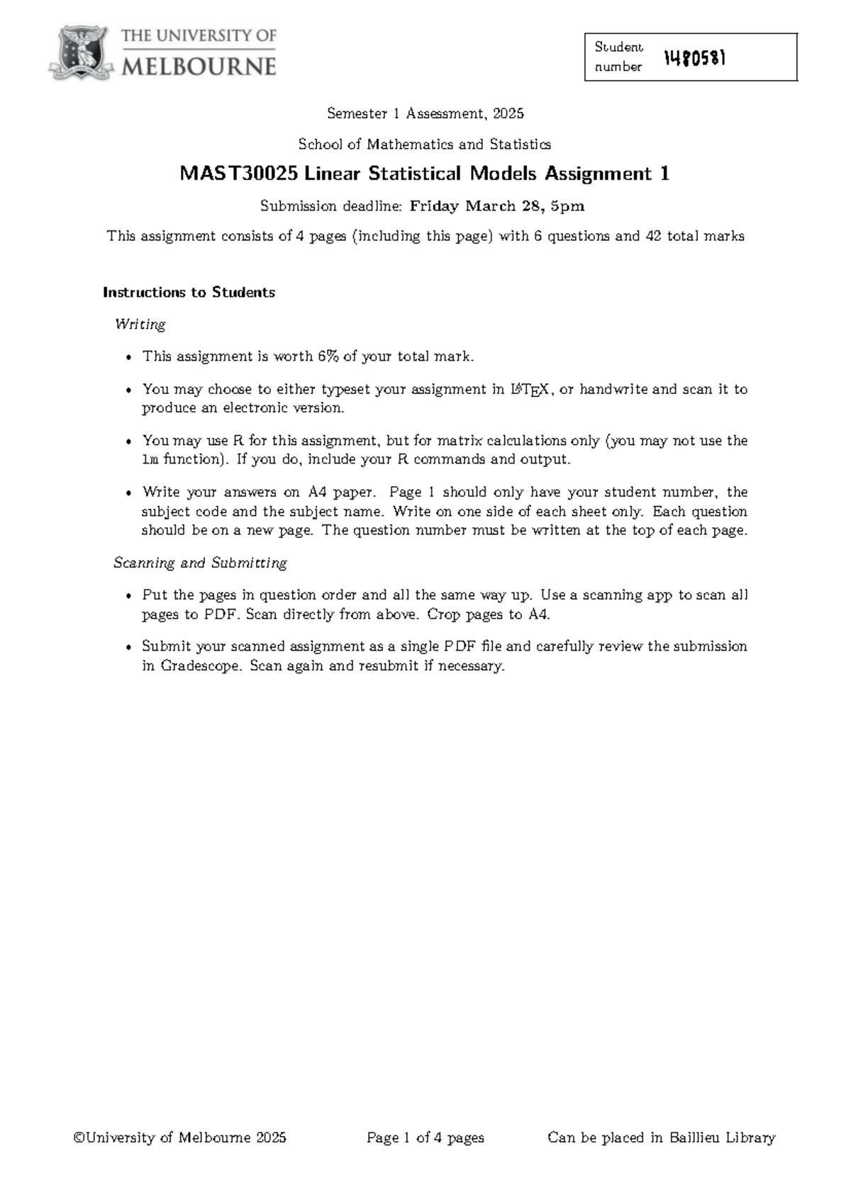 MAST30025 Linear Statistical Models Assignment 1 - Semester 1, 2025 ...