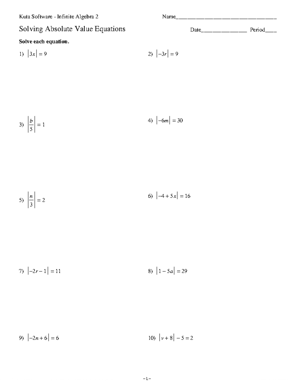 Kuta Software Infinite Algebra 2: Solving Absolute Value Equations ...