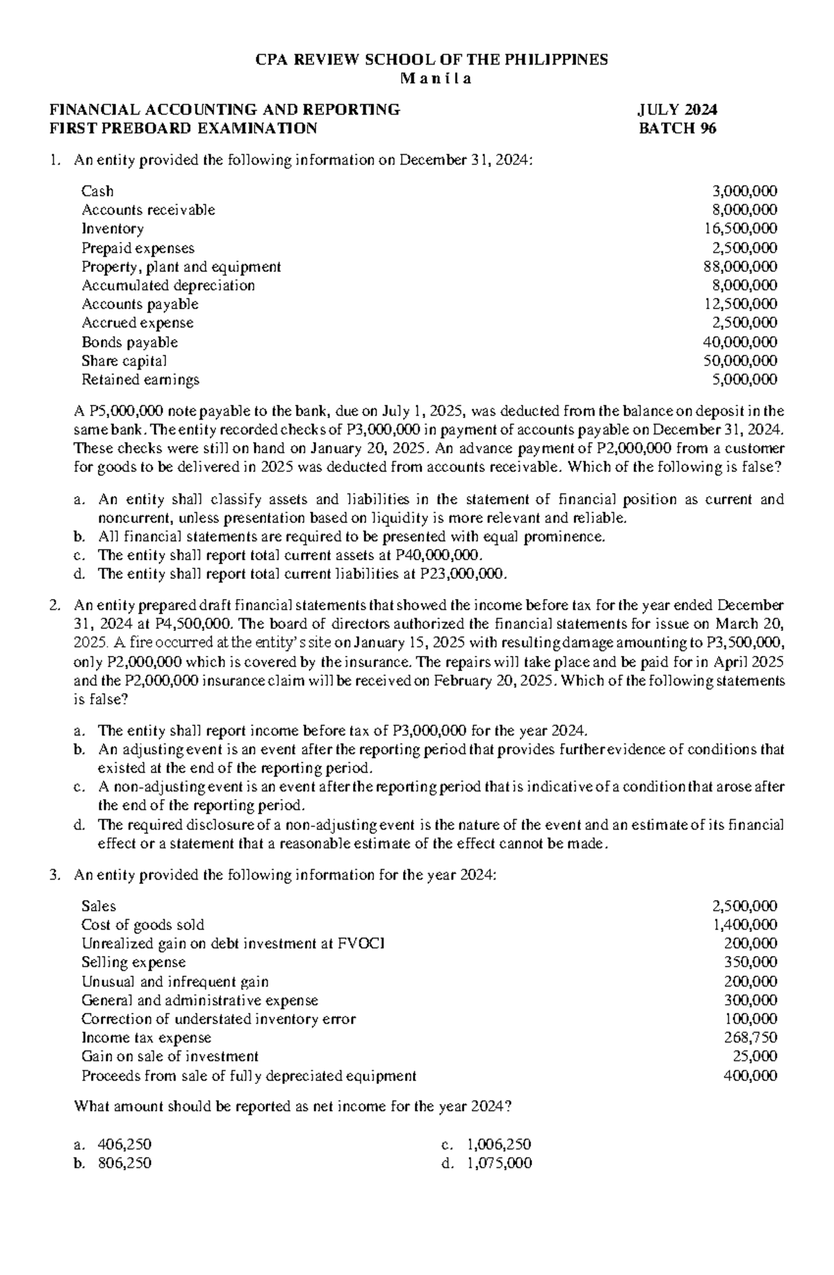 CPAR 96 FAR First Preboard Exam Review Notes for July 2024 - Studocu