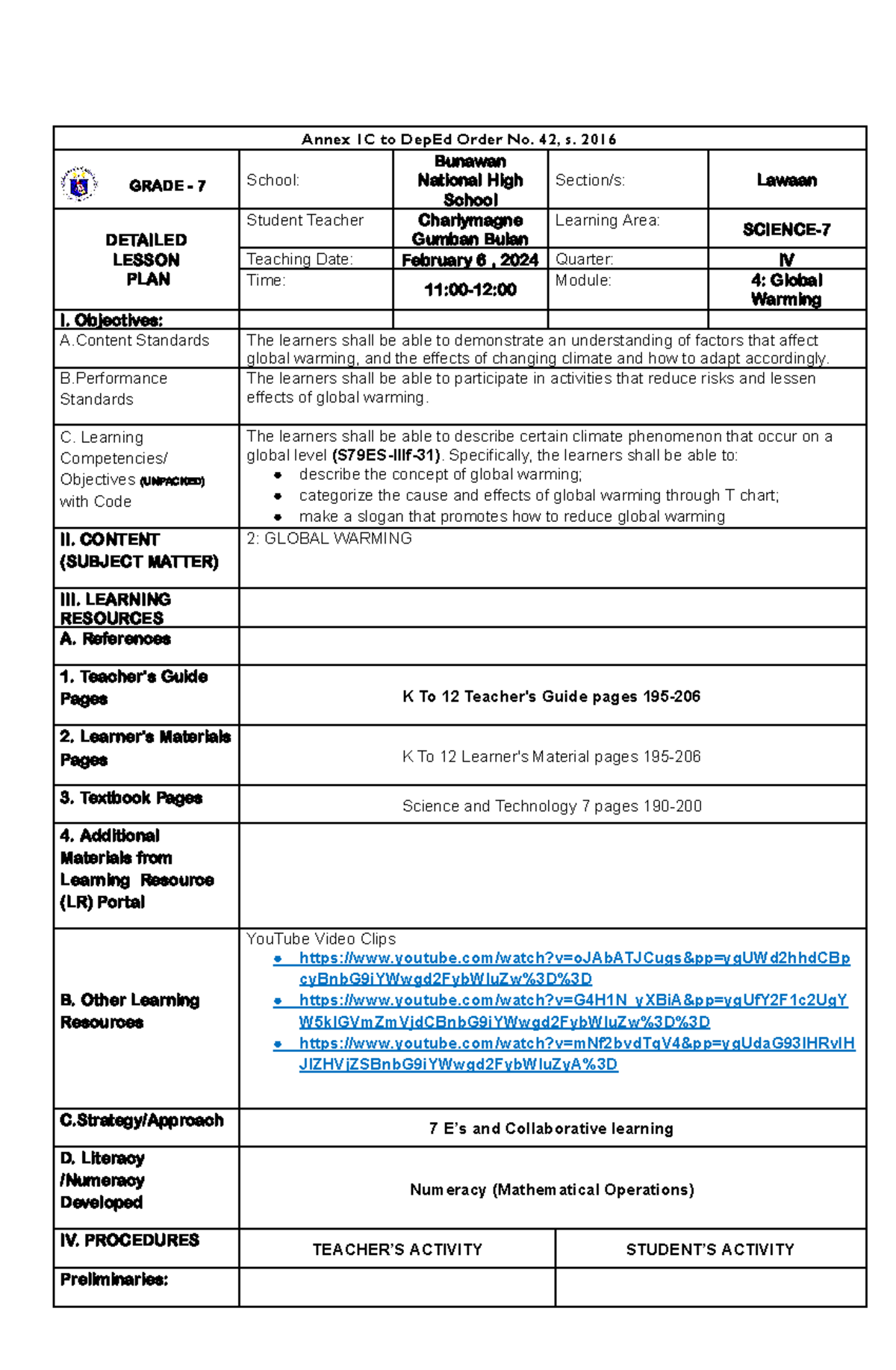 ICT-Integrated Lesson Plan for Grade 7 Science: Global Warming - Studocu