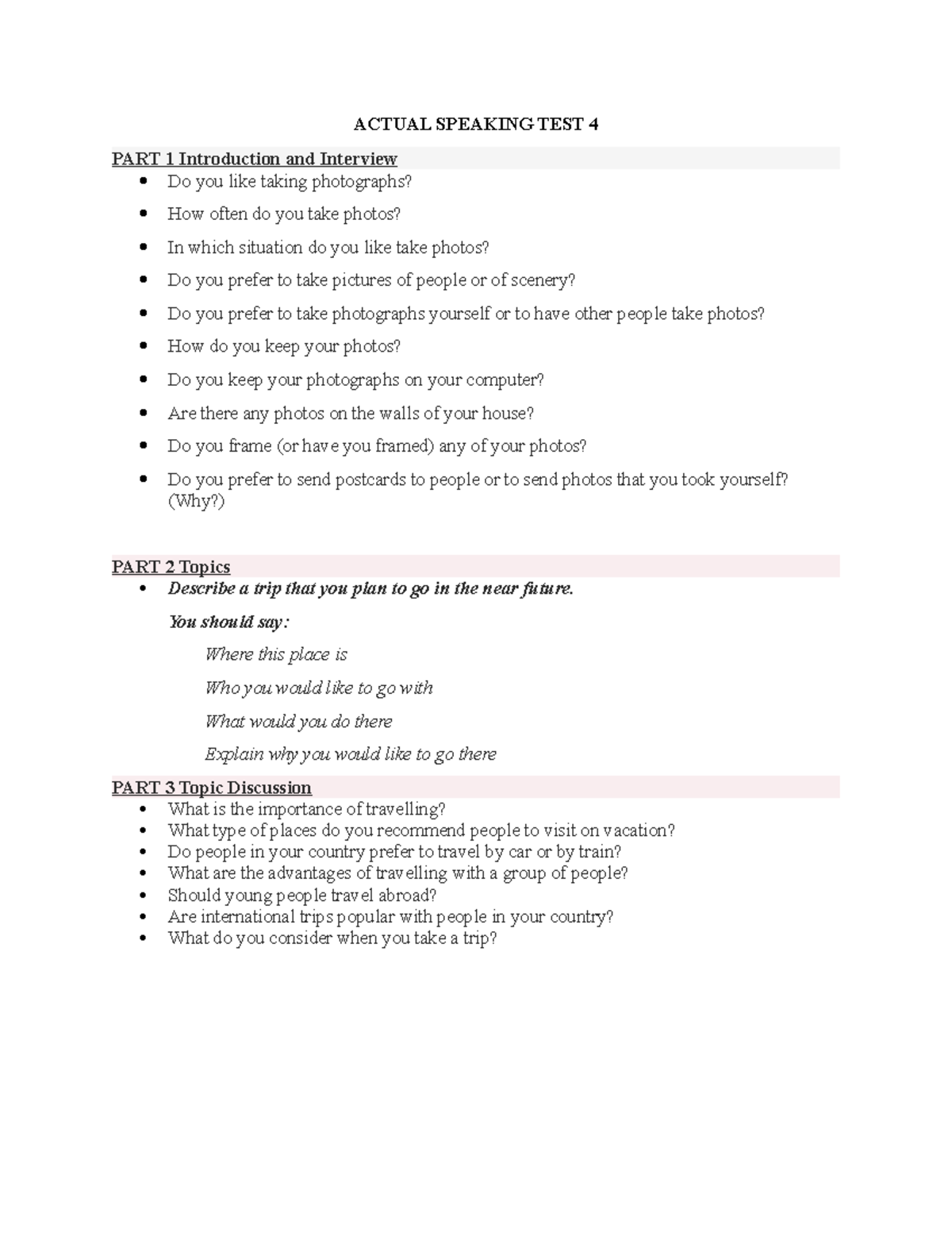 Actual Speaking Practice TEST 4 - ACTUAL SPEAKING TEST 4 PART 1 ...