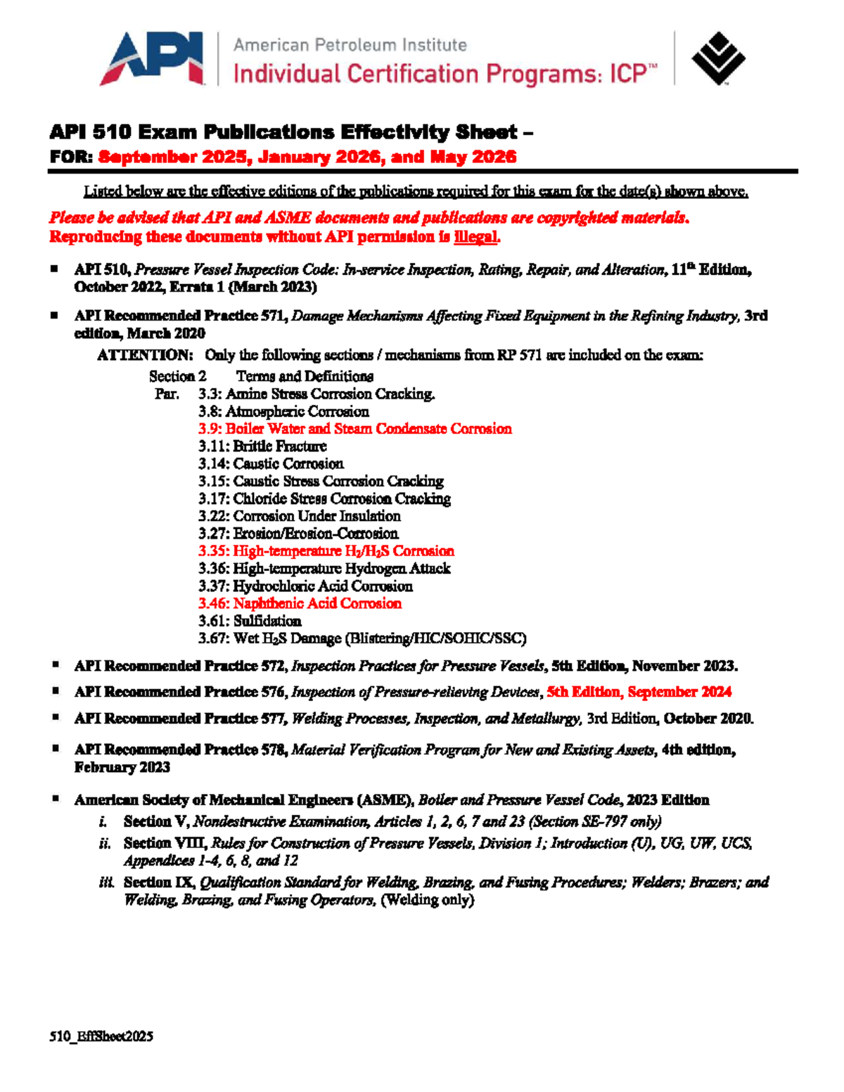 API 510 Exam Effectivity Sheet for 2025-2026 - Studocu