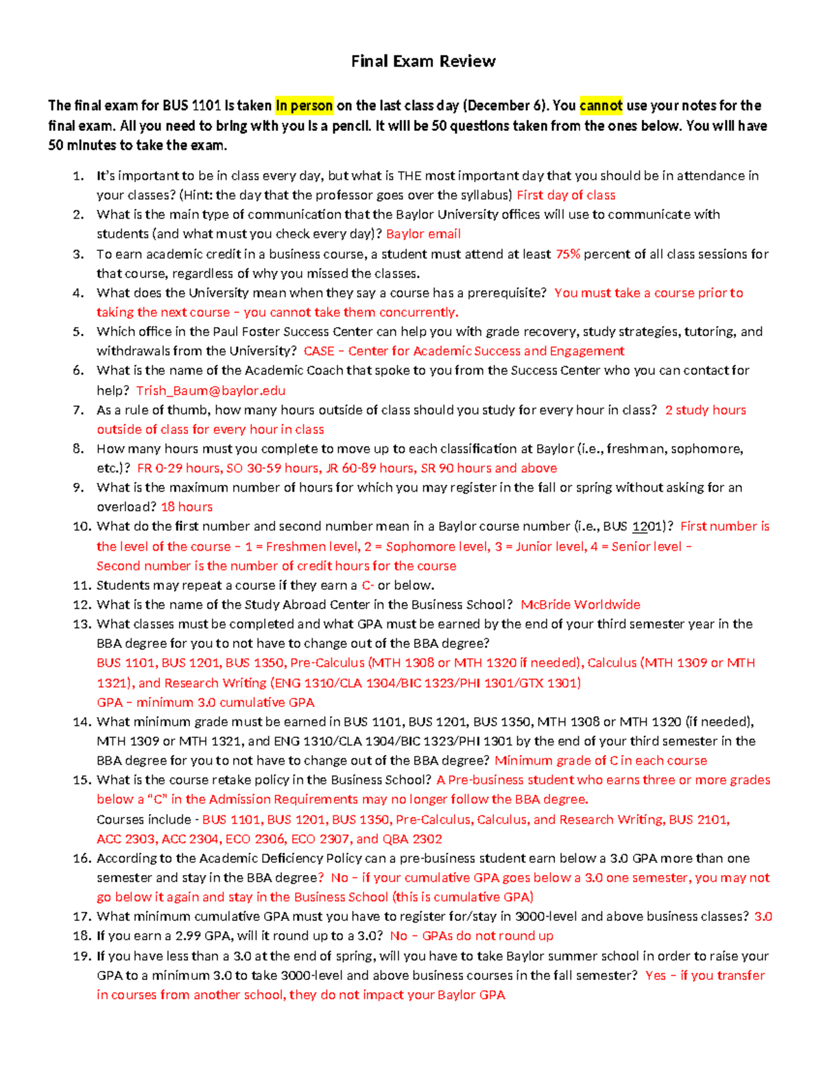 BUS 1101 Final Exam Review for Fall 2024 with Key Answers - Studocu