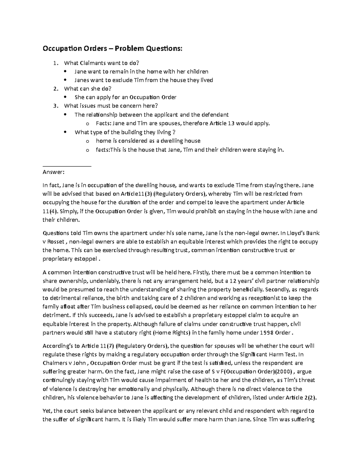 Family Law - Analysis of Occupation Orders in Domestic Cases - Studocu