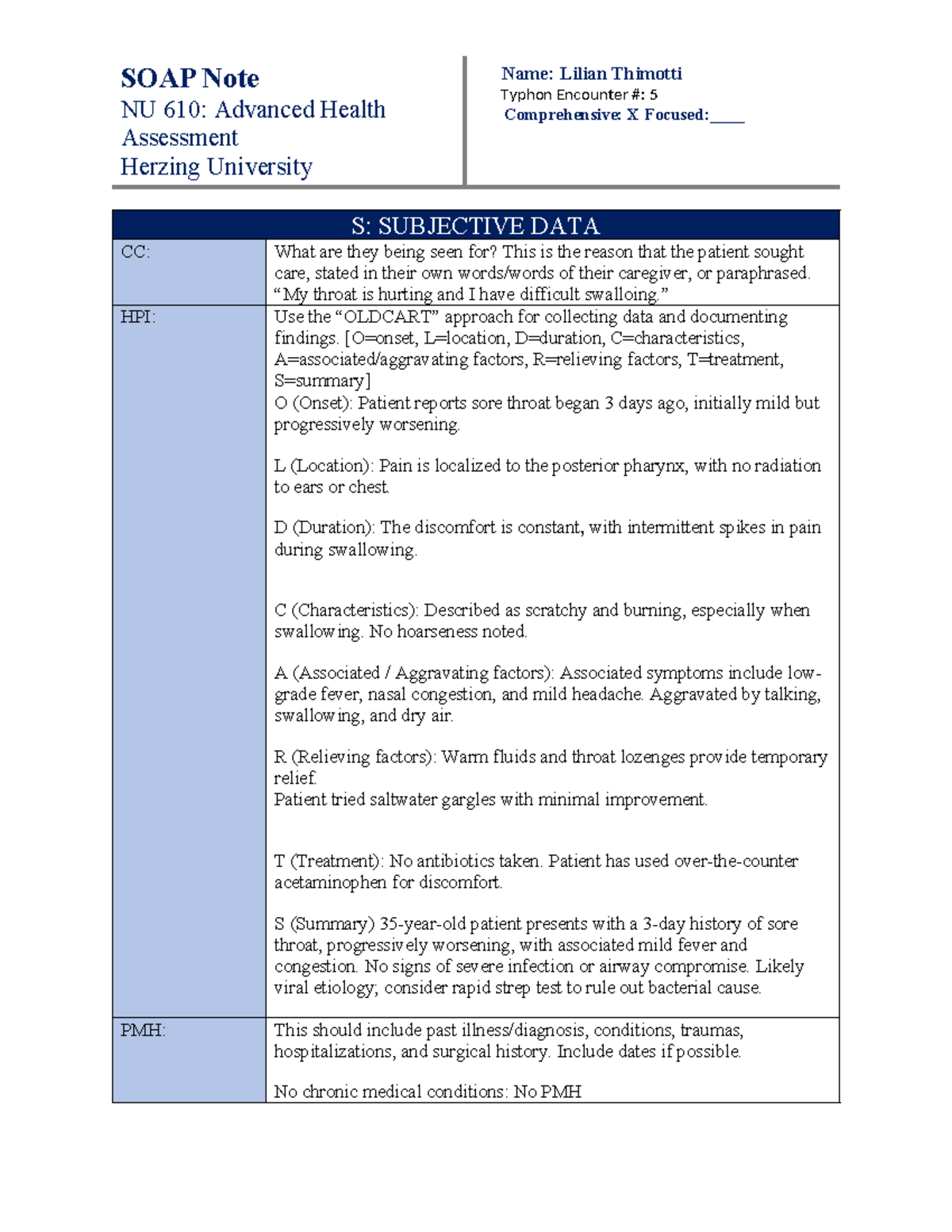 SOAP Note: Lilian Thimotti - NU 610 Advanced Health Assessment - Studocu