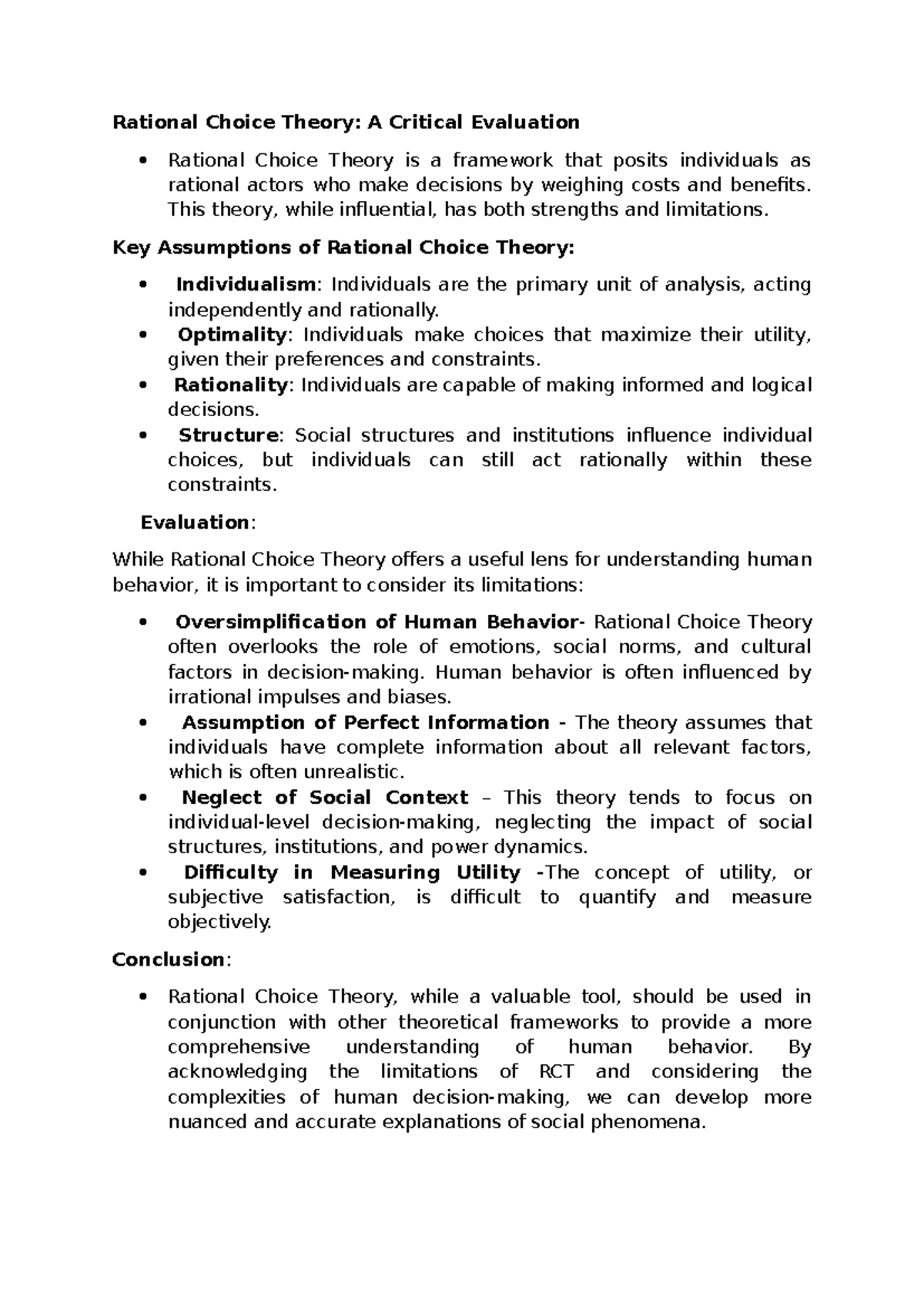 Self- Evaluation - Rational Choice Theory - Rational Choice Theory: A ...