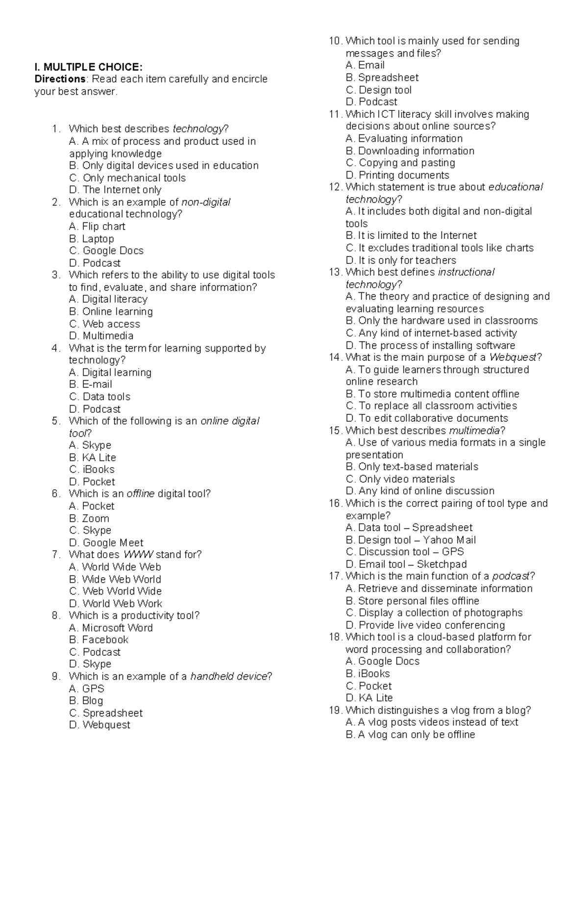 Prelim- TTL1- 2025-2026 1st Sem - Multiple Choice Questions on ...