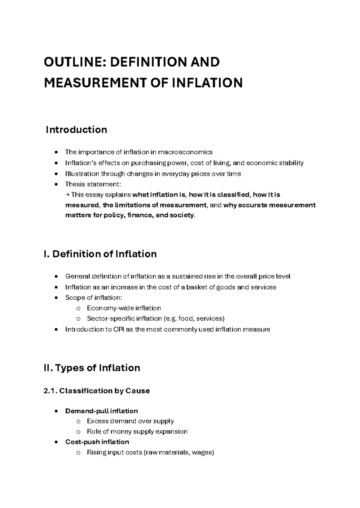 OUTLINE: INFLATION DEFINITION & MEASUREMENT (ECO 101) - Studocu