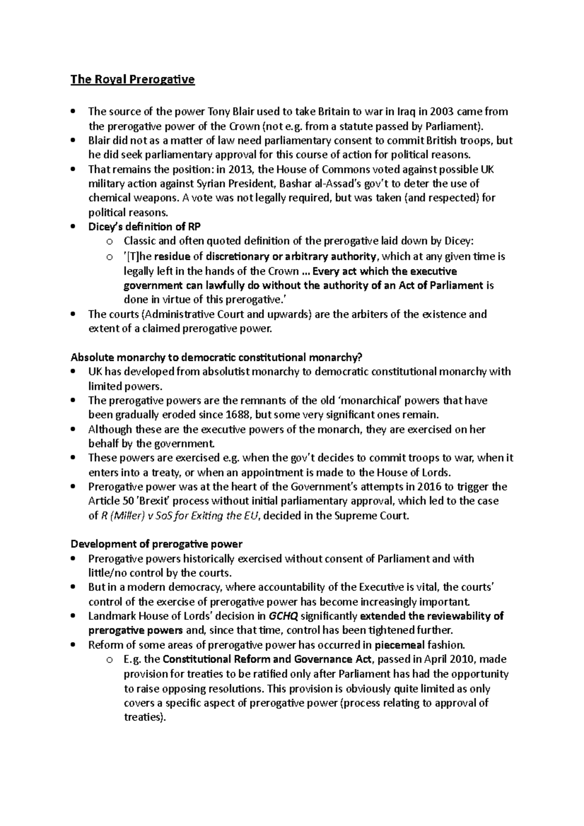 Workshop 6: Analysis of the Royal Prerogative in UK Law - Studocu