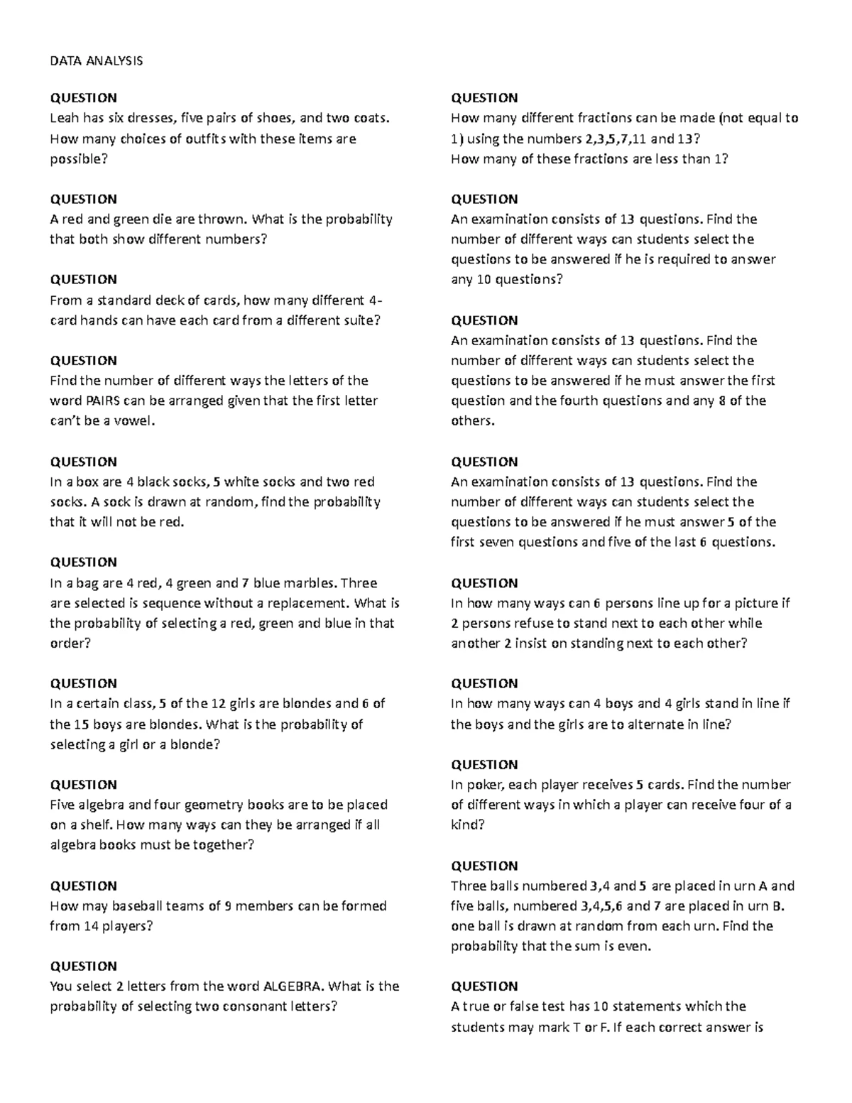 Prelim Exam Engineering DATA Analysis - QUESTIONAIRE; PRELIMINARY ...