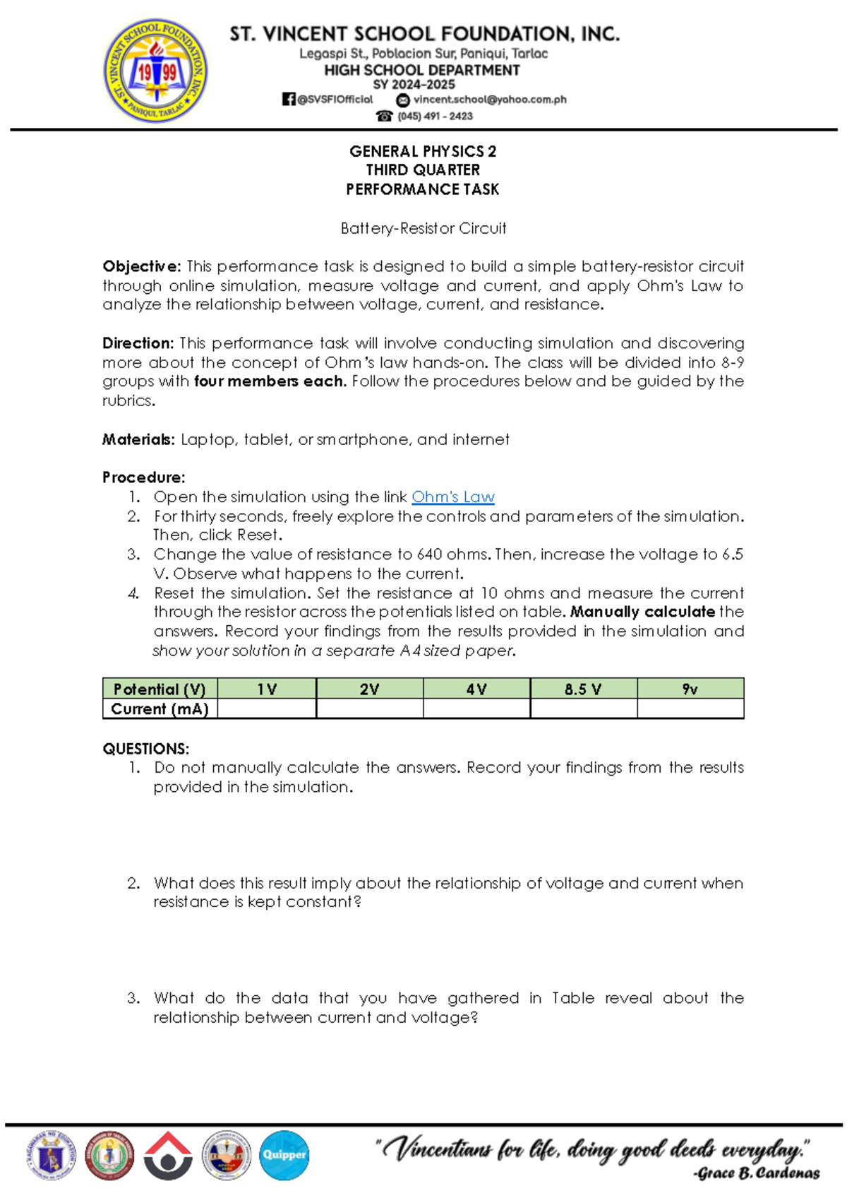 General Physics 2: Performance Task on Battery-Resistor Circuit - Studocu