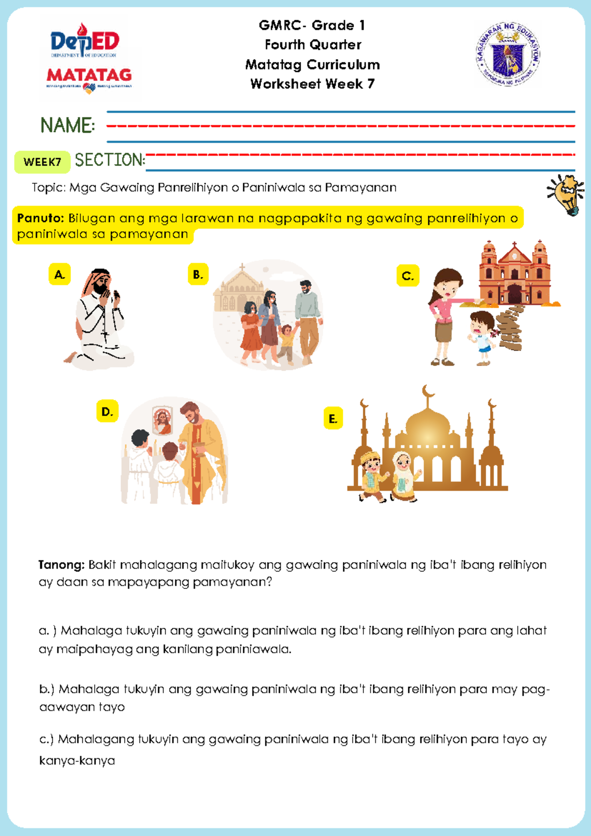 Q4 Grade 1 Matatag Curriculum Worksheets: Week 7 Activities - Studocu