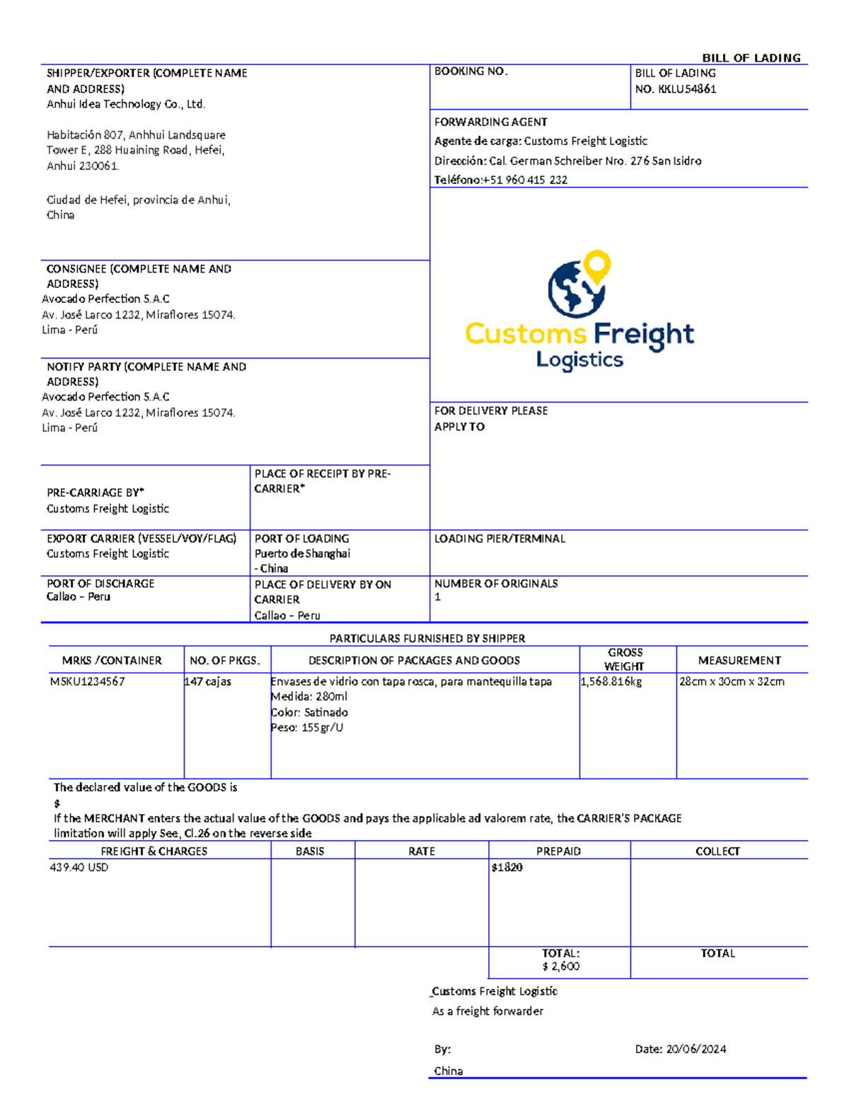 BILL OF LADING Document for Shipment KKLU by Customs Freight Logistic ...