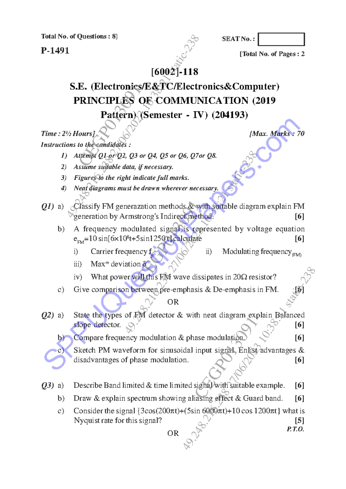 SEAT No. 23: PB3618 Principles of Communication Systems PYQs (2019 ...