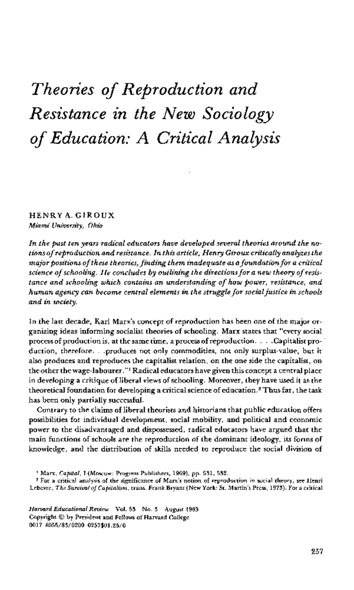 Giroux's Theories of Reproduction & Resistance in Education (1983 ...